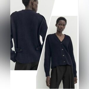 Massimo Dutti Cardigan Sweater Wool Women's  L Navy Blur Open Front Long Sleeves